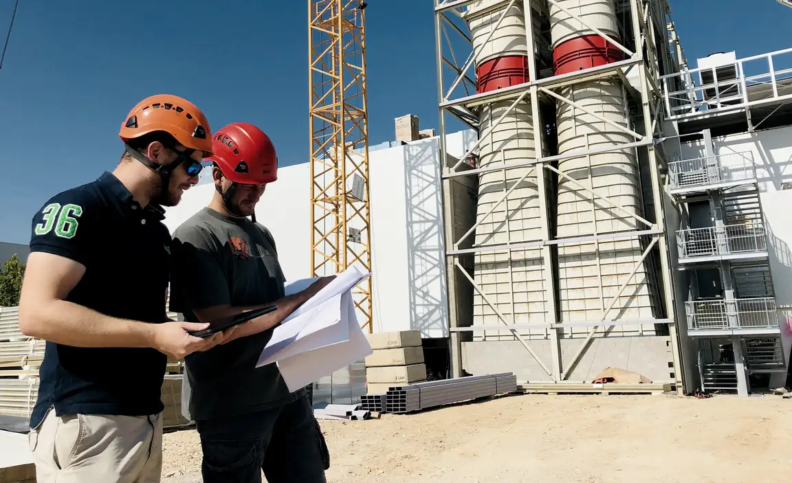Deux personnes en casque lisent un plan devant un bâtiment industriel en construction ; grue et silos à l'arrière-plan.